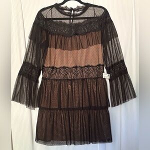 Zara - Long Sleeve Sheer Mesh And Lace Overlay Dress Black And Beige - Medium